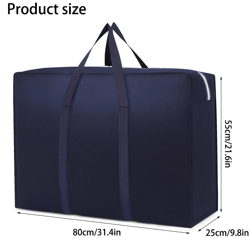 A navy blue waterproof moving and storage bag shown from the side, with dimensions 80cm x 25cm.