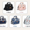 A collection of insulated lunch bags in black, pink, navy blue, blue, and light blue.