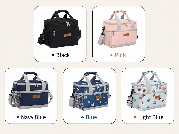 A collection of insulated lunch bags in black, pink, navy blue, blue, and light blue.