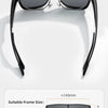 A pair of black polarized clip-on sunglasses shown against a white background with size specifications.