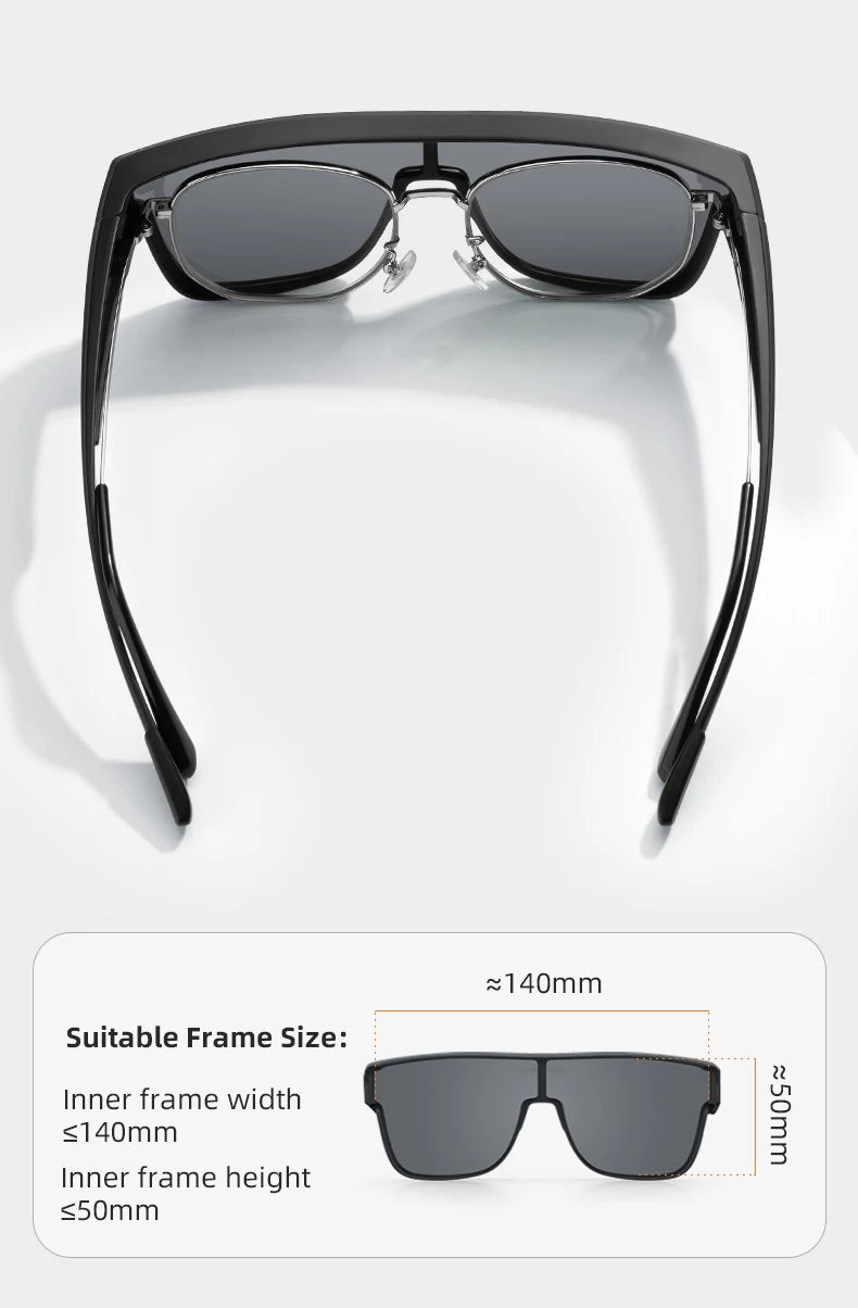 A pair of black polarized clip-on sunglasses shown against a white background with size specifications.