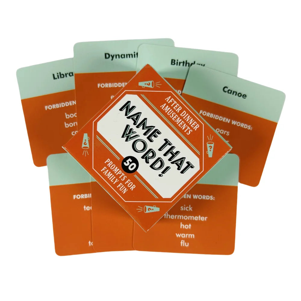 A stack of orange and green cards for a Truth or Dare game featuring prompts like Name That Word.
