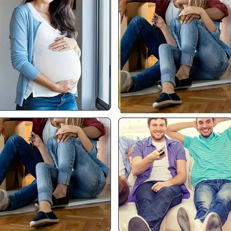 A woman wearing a white top and blue jacket holds her pregnant belly, next to a pair of adjustable metal jeans button extende