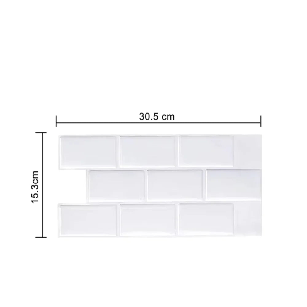 A rectangular sheet of white 3D waterproof peel-and-stick kitchen wall tiles, measuring 30.5 cm by 15.3 cm.
