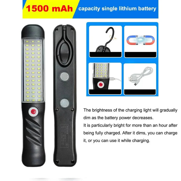 A single lithium battery and charging components for a portable magnetic LED work light.