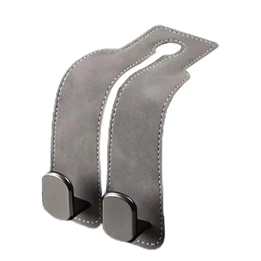 Gray suede universal car seat back storage hooks with dual grips for bags and other items
