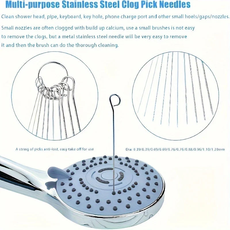 A set of multi-purpose stainless steel clog pick needles and a silicone cleaning brush for clearing blockages.