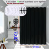 Solid black waterproof PEVA shower curtain hanging on a rod with stainless steel eyelets.