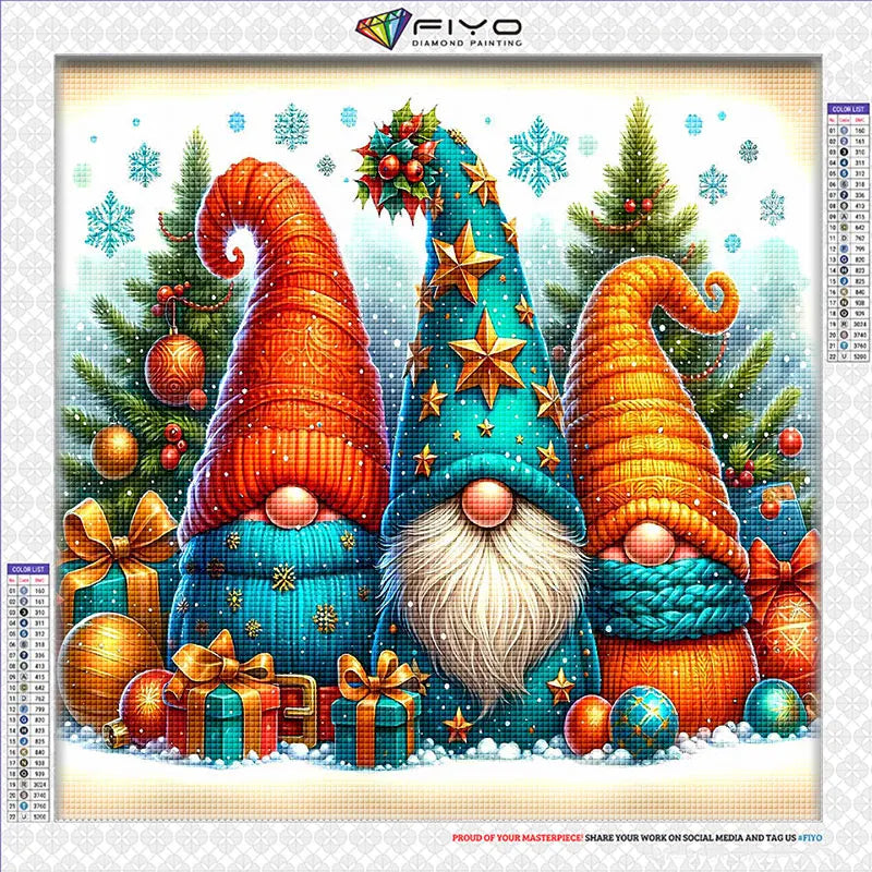 Kit de peinture de diamants avec un gnome mosaïque à chapeau et barbe orange entouré de verdure et de flocons
