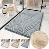 A plush gray velvet bathroom mat with a textured pattern and non-slip backing shown in various angles.