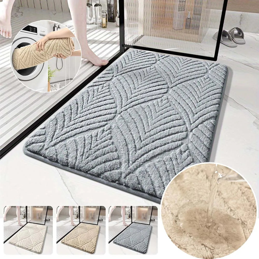 A plush gray velvet bathroom mat with a textured pattern and non-slip backing shown in various angles.