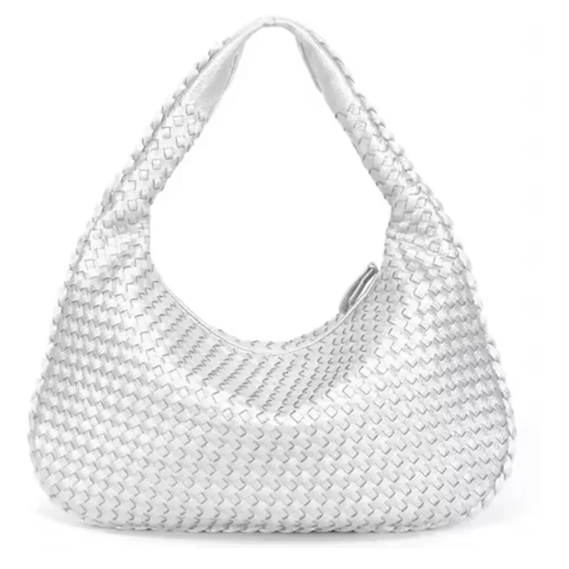 A white vegan leather woven hobo bag with a diamond pattern texture.