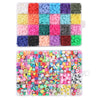 A colorful kit of polymer clay beads and letters in various shades including pink, blue, green, and purple for DIY jewelry ma
