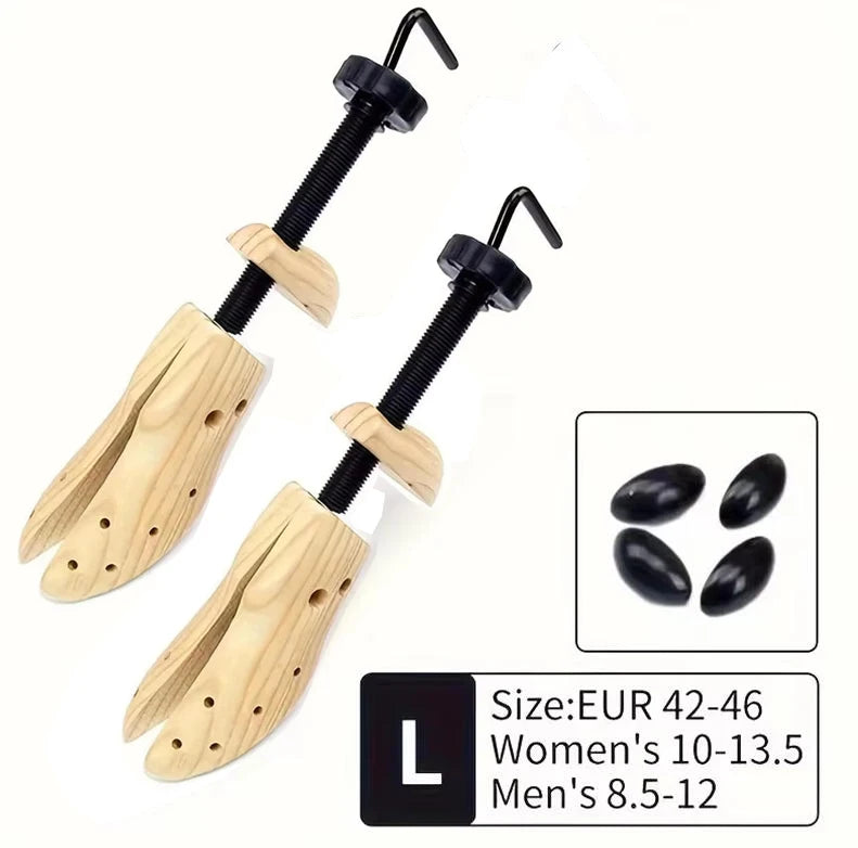 Pair of adjustable wooden shoe stretchers for men and women in light wood color