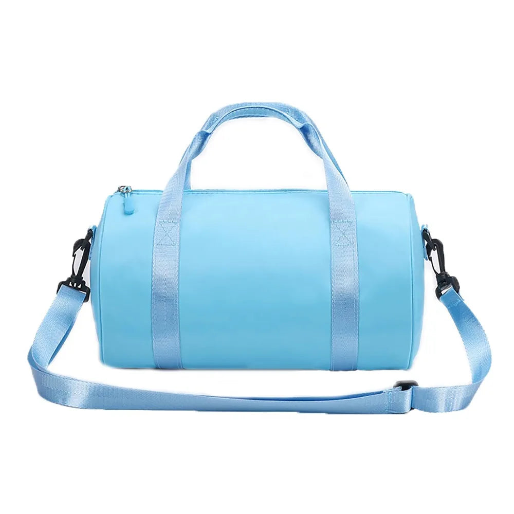 Light blue compact nylon gym bag with an adjustable strap