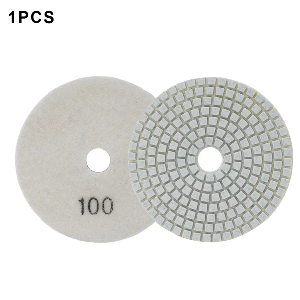 One piece of a diamond polishing pad, round and light beige, with a grid pattern.