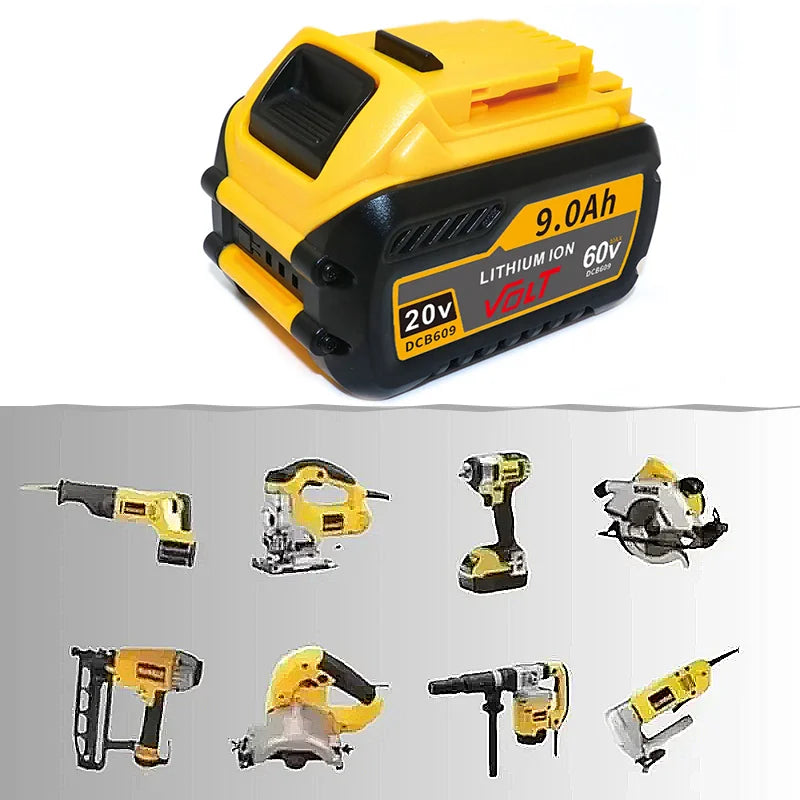 Yellow and black lithium-ion battery pack for power tools, labeled 9.0Ah 60V DCB609.