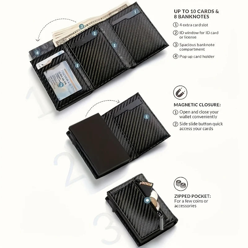 A black slim pop-up wallet shown with features like card slots and magnetic closure.