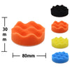 A set of 11 self-adhesive sponge polishing pads in orange, yellow, and blue colors shown against a measurement scale.