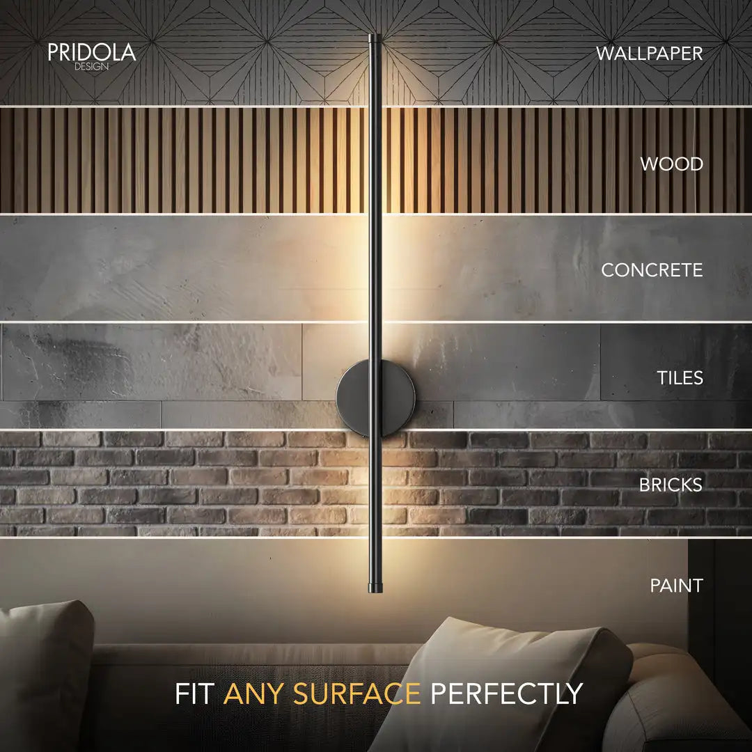 A display showing various textures like wallpaper, wood, concrete, tiles, bricks, and paint, demonstrating how the product fi
