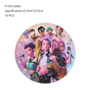 A circular photo featuring several female characters in music-themed outfits and accessories.