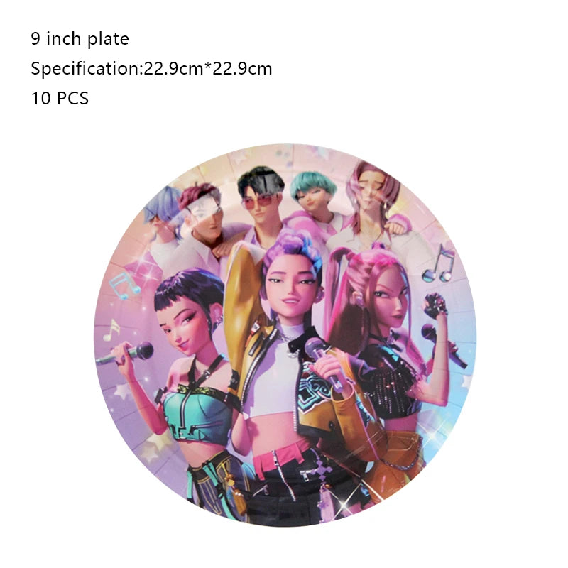 A circular photo featuring several female characters in music-themed outfits and accessories.