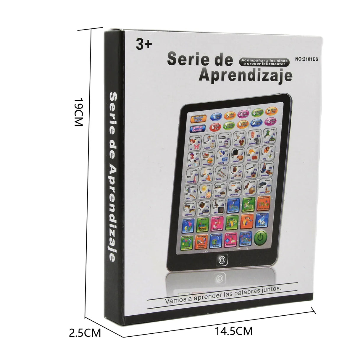 Box of a 3+ series bilingual Spanish-English learning tablet for kids
