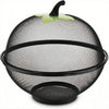 Black metal fruit basket with a mesh cover and a green leaf handle