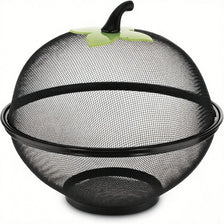 Black metal fruit basket with a mesh cover and a green leaf handle