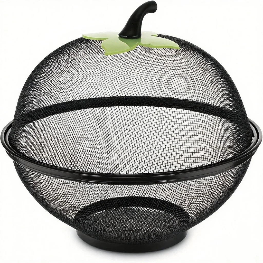 Black metal fruit basket with a mesh cover and a green leaf handle