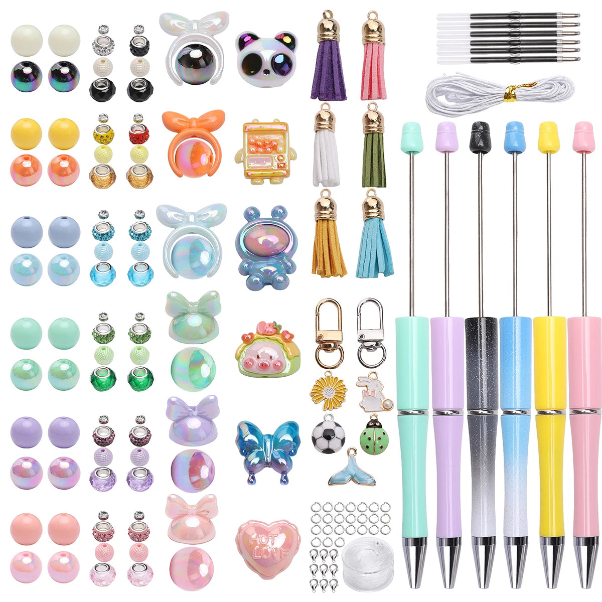 A collection of DIY beadable pens and bracelets featuring various colors, shapes, and charms.