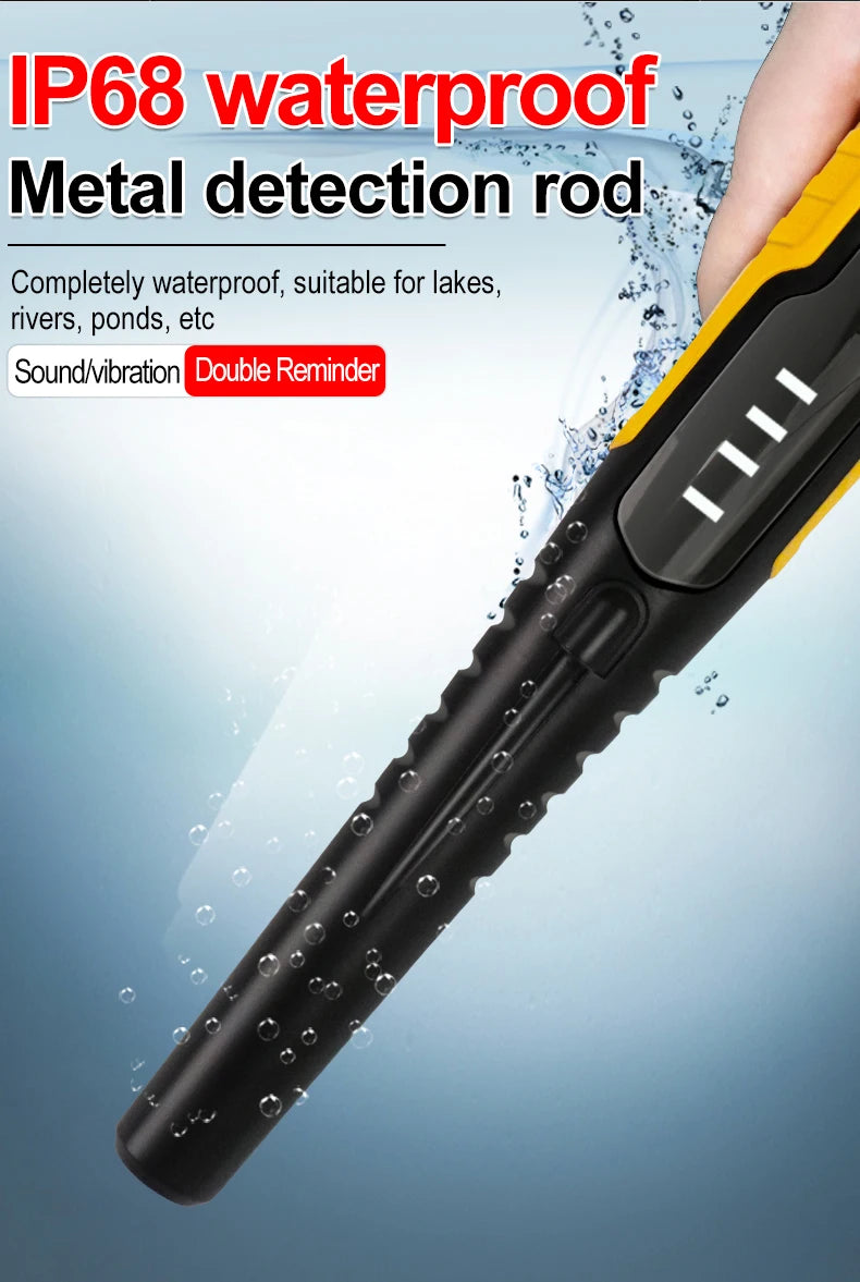 A close-up of a black metal detection rod with a yellow handle being dipped into water.
