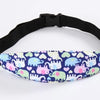 Black adjustable baby car seat sleeping headrest with a colorful elephant pattern and black belt strap
