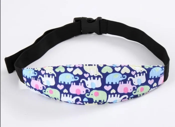 Black adjustable baby car seat sleeping headrest with a colorful elephant pattern and black belt strap