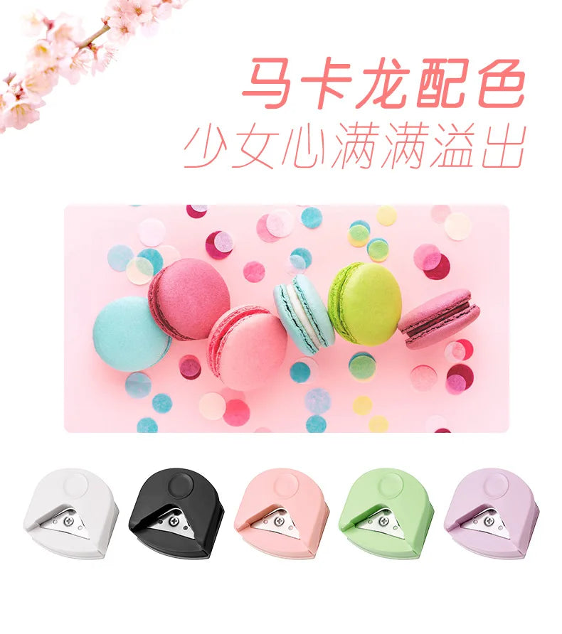 A set of pink and green paper corner rounder cutters for DIY crafts, shown with various colored pink and green cutters.