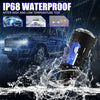 An IP68 waterproof LED headlight bulb is shown being tested against water spray in various weather conditions.