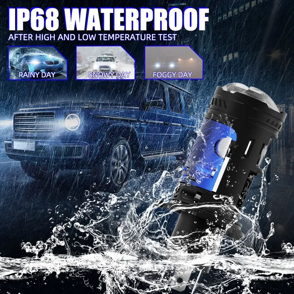 An IP68 waterproof LED headlight bulb is shown being tested against water spray in various weather conditions.