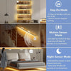 A series of LED motion sensor lights installed on a staircase and a bedroom, demonstrating stay-on mode and night-sensor mode