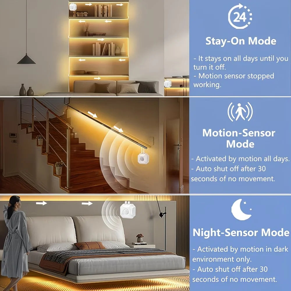 A series of LED motion sensor lights installed on a staircase and a bedroom, demonstrating stay-on mode and night-sensor mode