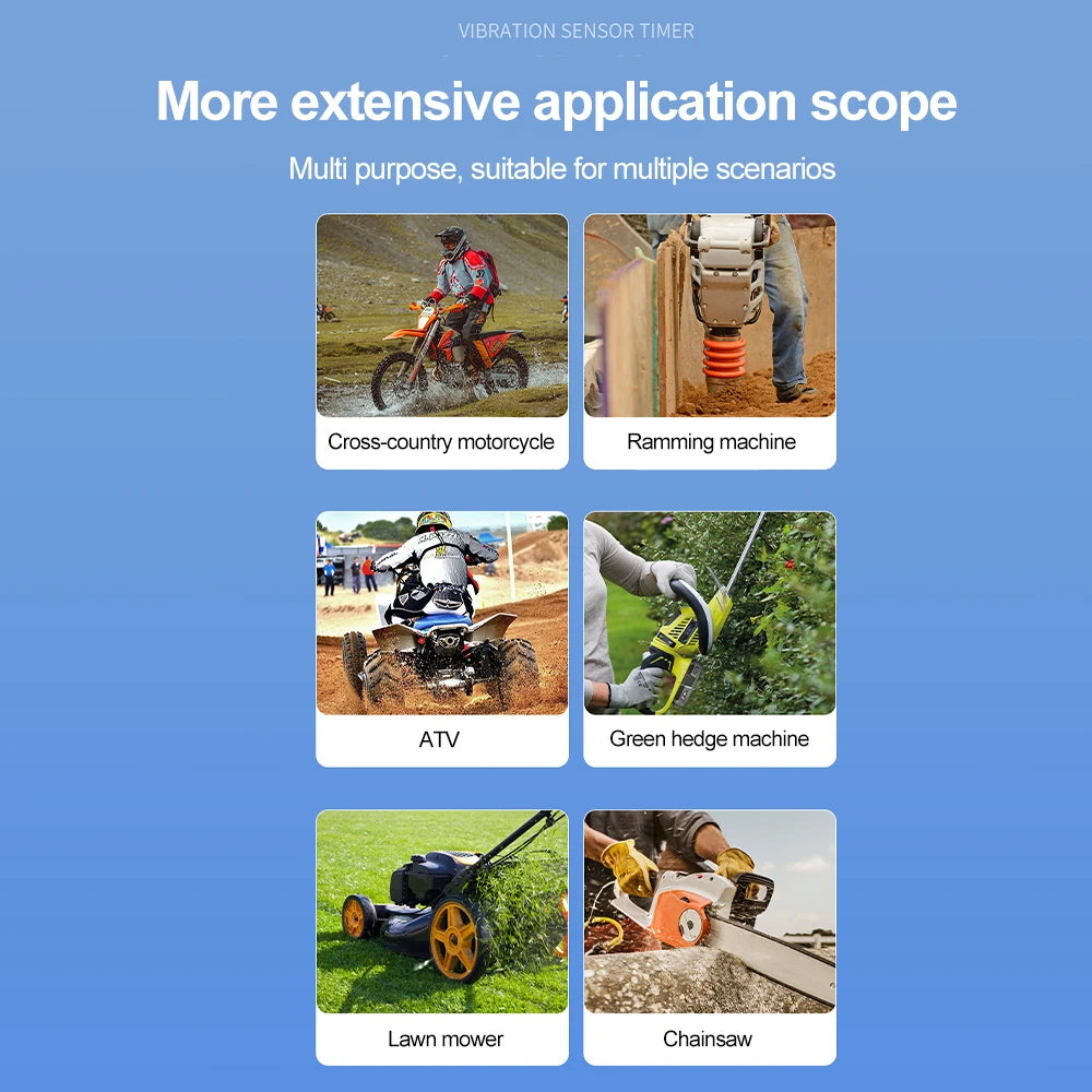 A collection of images showing a vibration sensor timer used for various applications like motorcycles, ATV, lawn mowers, and