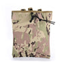 A tan camouflage tactical MOLLE dump pouch with a drawstring closure.