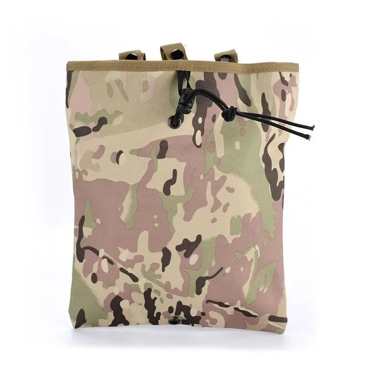 A tan camouflage tactical MOLLE dump pouch with a drawstring closure.