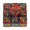 A set of acrylic D6 counter dice featuring red and black marbled designs with numbered faces.