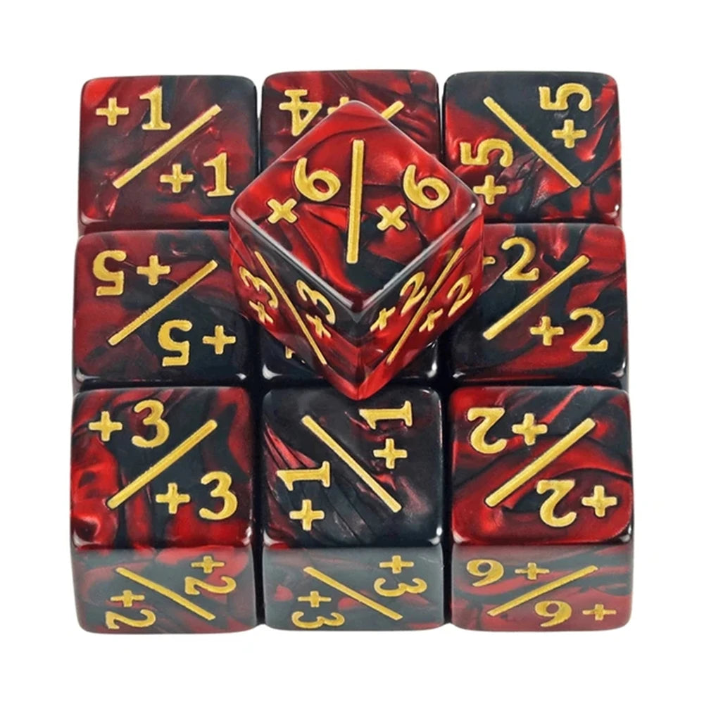 A set of acrylic D6 counter dice featuring red and black marbled designs with numbered faces.