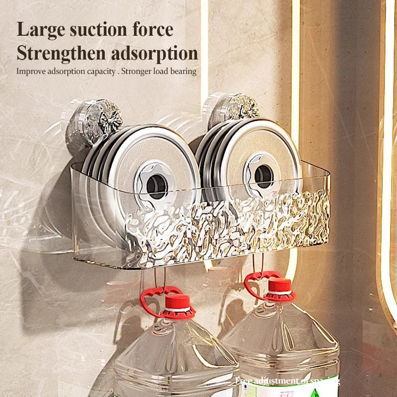 Wall-mounted suction cup storage basket holding stacked silver discs with a water ripple design