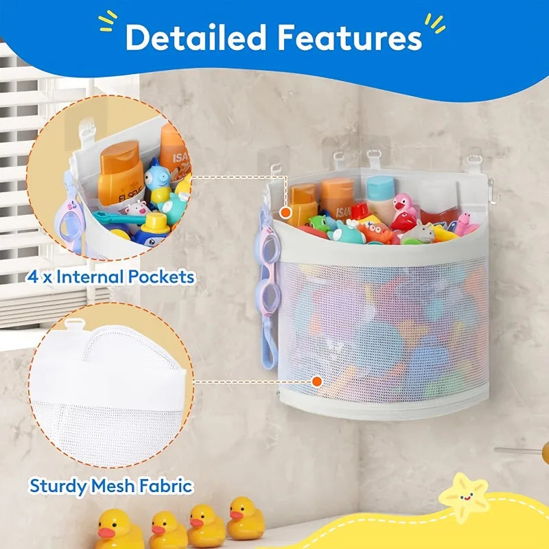 Large Mesh Bath and Toy Organizer with Adhesive Hooks