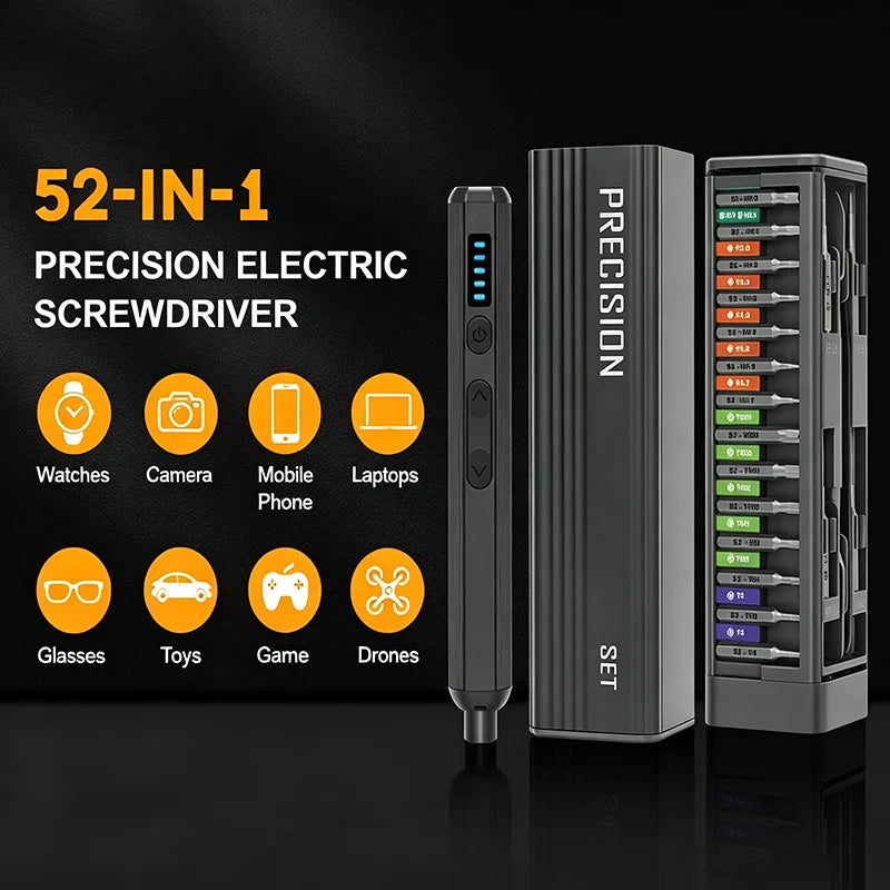 A black precision electric screwdriver set with multiple tips and LED light, shown next to various small electronic items.