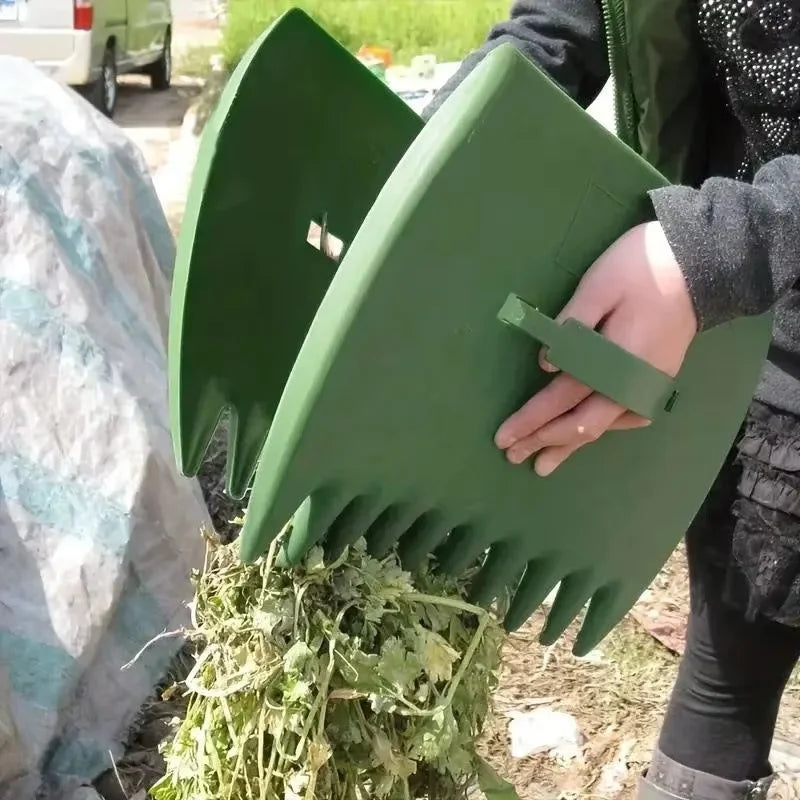 A pair of green ergonomic garden leaf clippers being used to cut leaves from a pile of greenery.