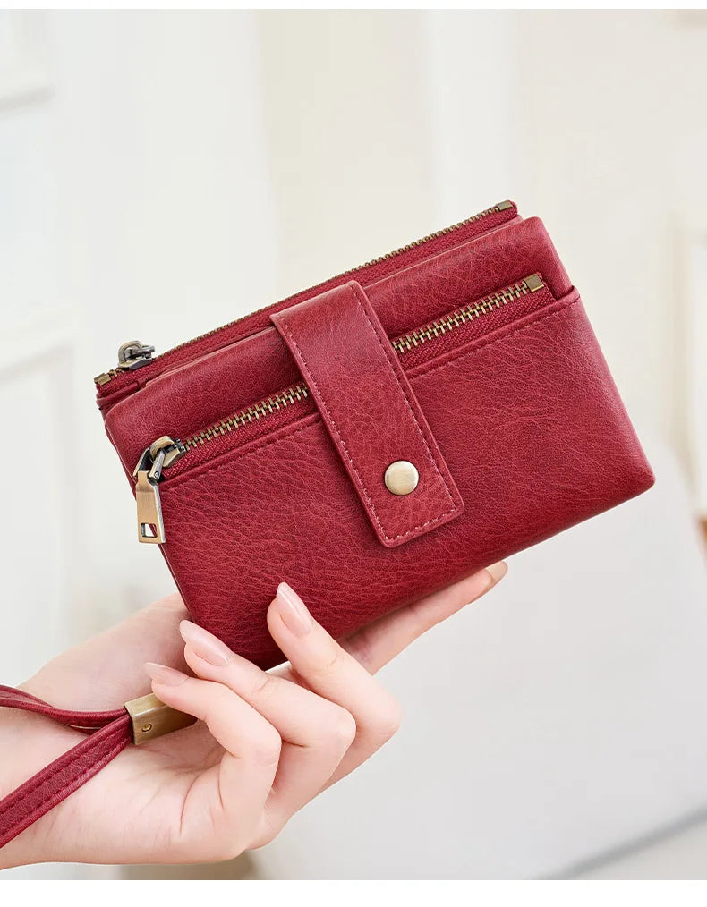 Vintage RFID-Blocking Triple-Fold Wallet with Double Zipper