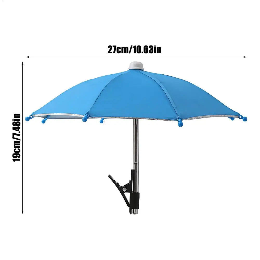 Blauer Clip-on-Handy-Sonnenschutz mit silbernem Stab und 27 cm Durchmesser